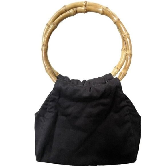 Bamboo Double Handle Cotton Black Mini Hand Purse Women’s Classic COTTAGE CORE - Picture 1 of 6